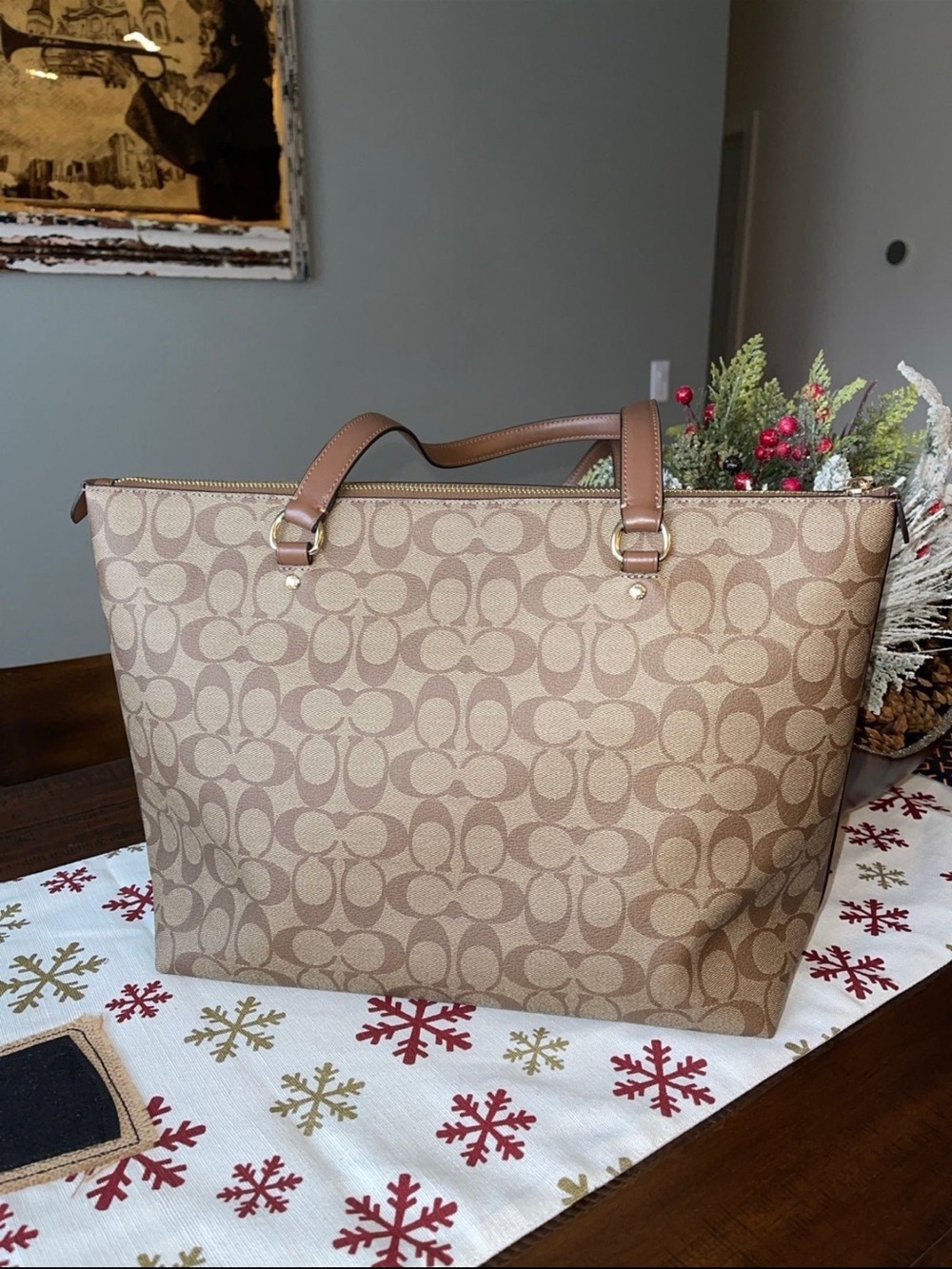 Coach Tan Signature Canvas Tote with Brown Leather Handles